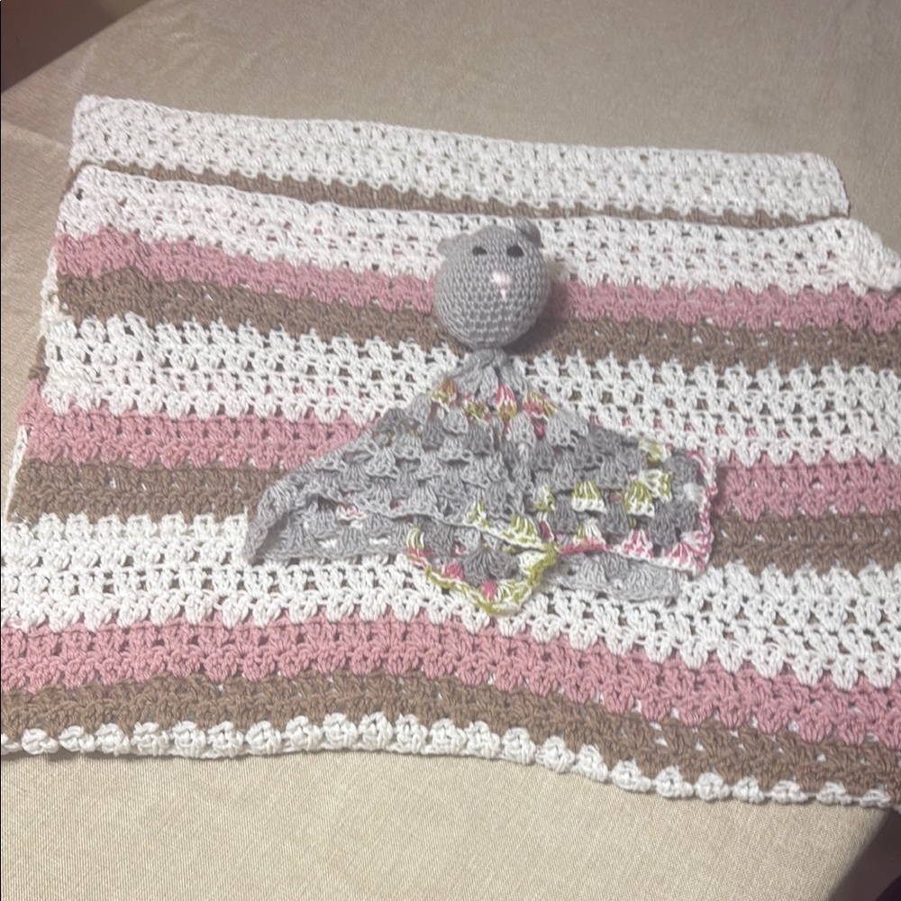 Handmade Crochet Baby Blanket with Bear